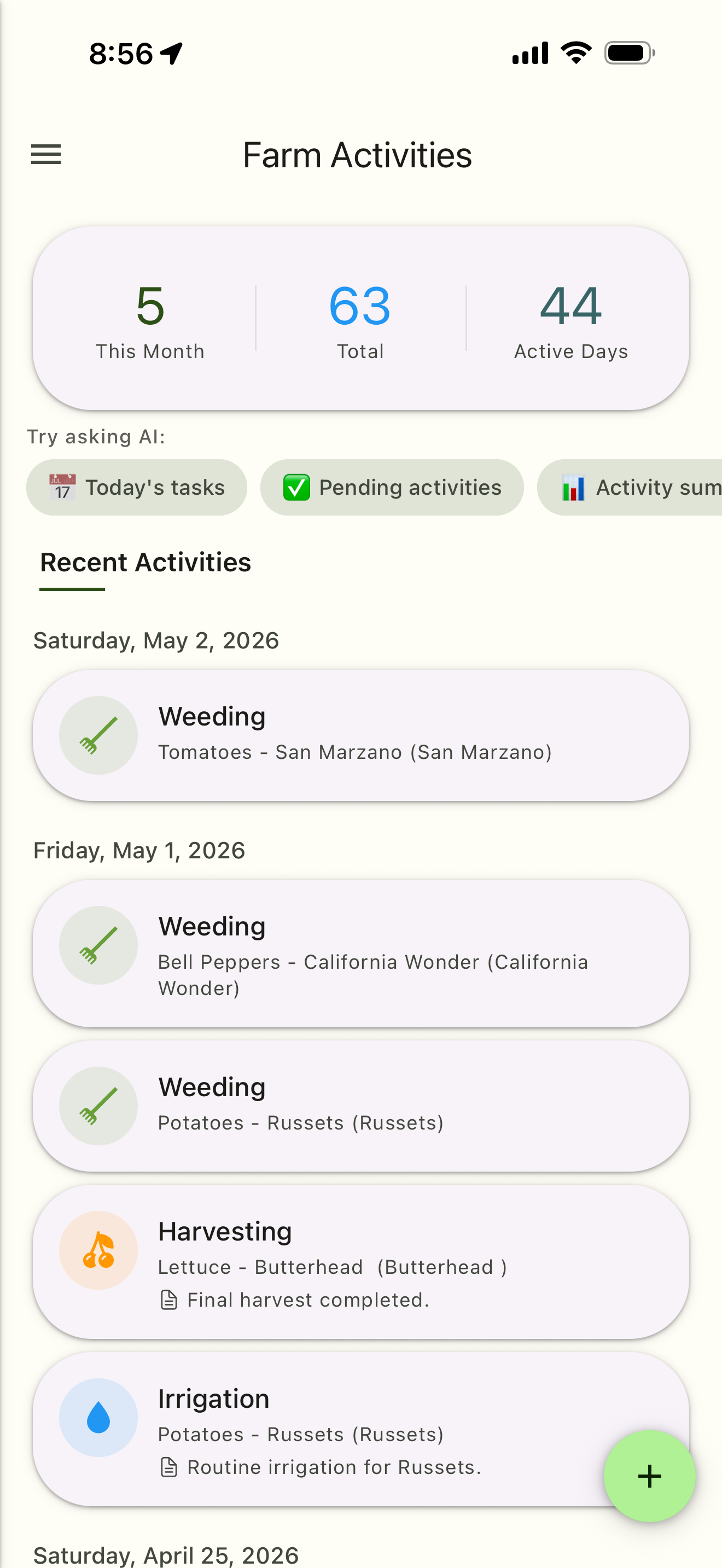 Agrum AI farm activity log showing planting, irrigation and spray history per field